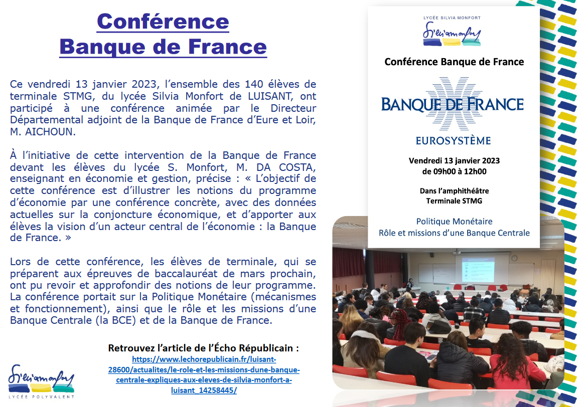 Une conférence de la Banque de France pour les élèves de Terminale STMG